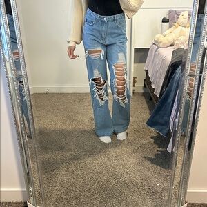 SHEIN Light Blue Distressed Flare Jeans